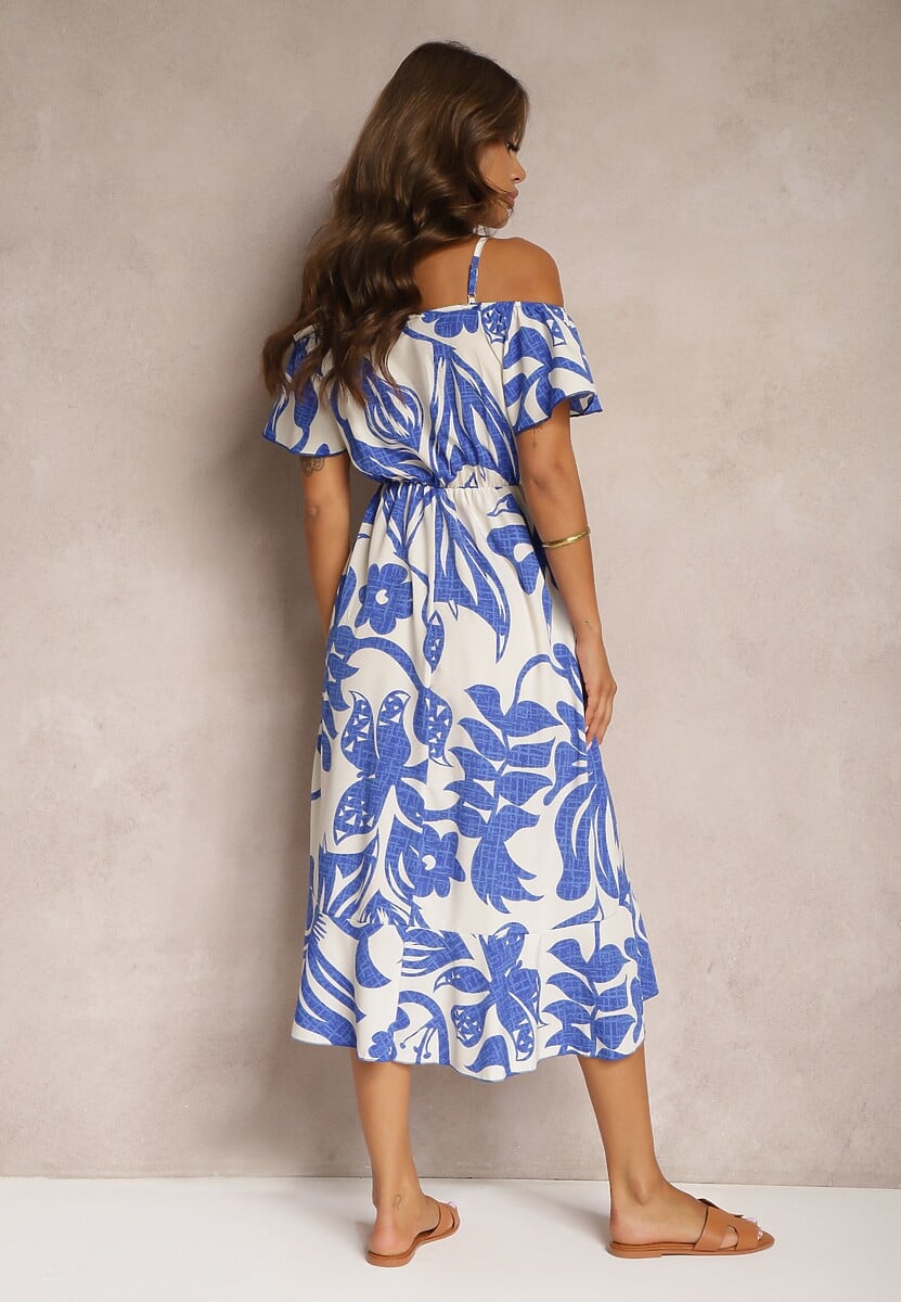 Niebiesko-Biała Sukienka na Ramiączkach z Hiszpańskim Dekoltem i Gumką w Talii Nellondra