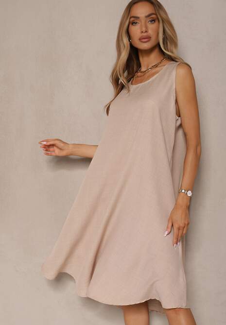 Beżowa Basicowa Sukienka o Rozkloszowanym Kroju Mevolira