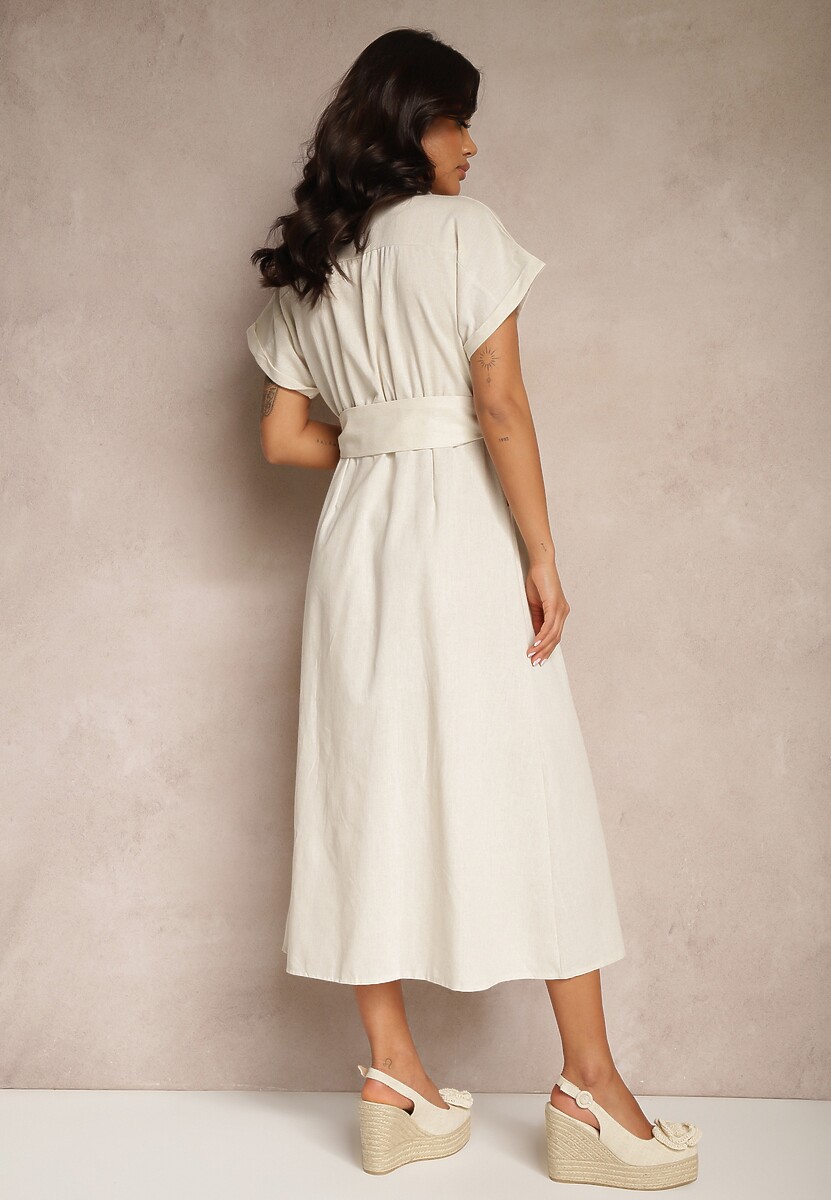 Jasnobeżowa Koszulowa Sukienka z Bawełny na Krótki Rękaw z Materiałowym Paskiem Celirna