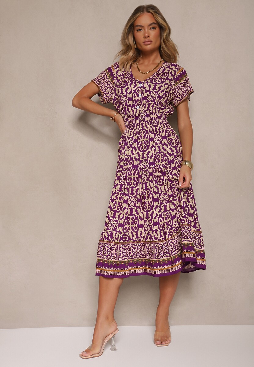 Ciemnofioletowa Sukienka z Bawełny Ozdobiona Ornamentnym Motywem Fillena