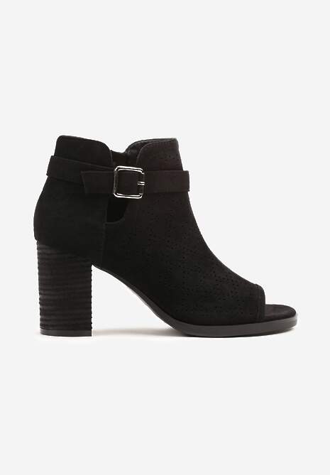 Czarne Ażurowe Sandały w Stylu Botków na Słupku z Ozdobną Klamrą Turaria