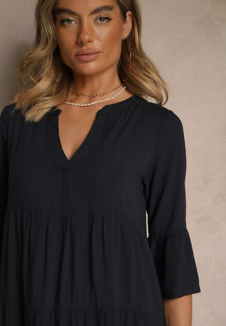 Granatowa Wiskozowa Sukienka o Rozkloszowanym Kroju Ozdobiona Falbanami Lirione