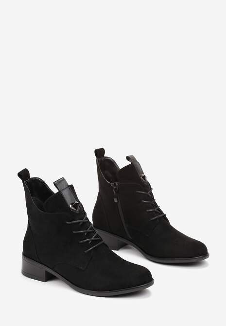 Czarne Botki Sznurowane z Ozdobnym Kamieniem i Wstawką z Ekoskóry Julietta