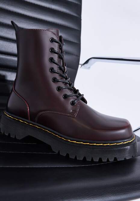 Bordowe Sznurowane Ocieplone Botki na Platformie w Stylu Workerów Crecca