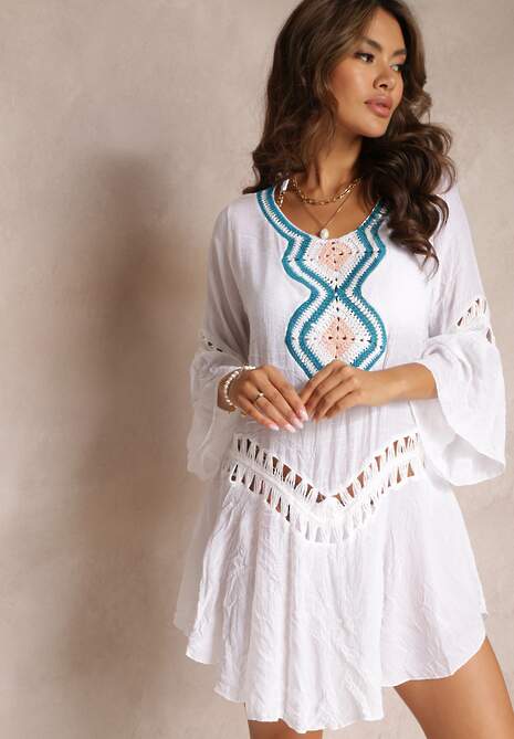 Biała Luźna Sukienka Mini Narzutka z Szydełkowym Zdobieniem Elvin
