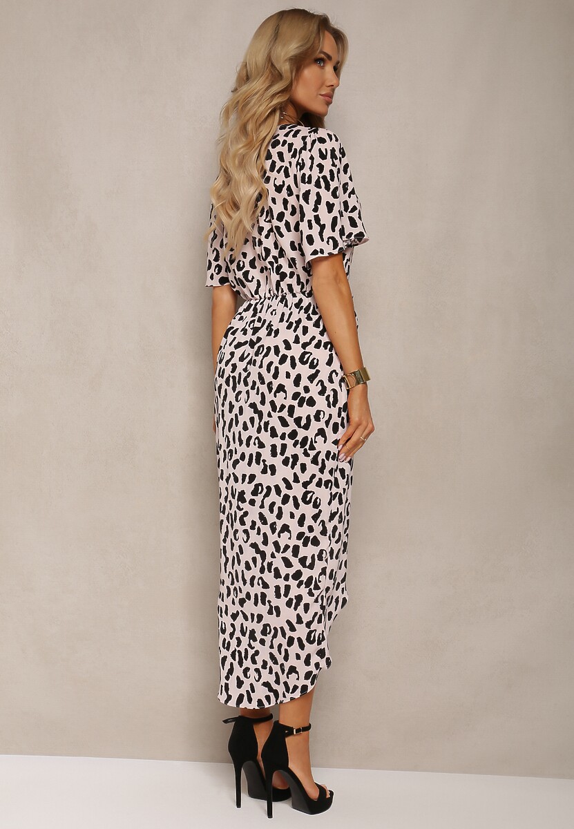 Różowo-Czarna Kopertowa Sukienka Dopasowana z Gumką w Pasie i Printem w Panterkę Kleeria