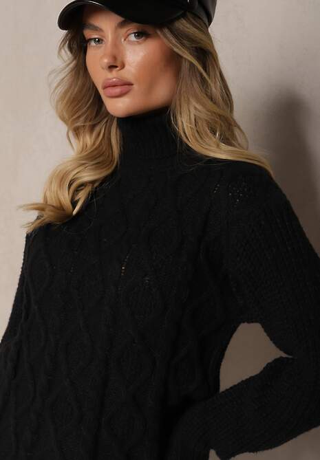 Czarny Golf z Wełną ze Ściągaczem i Ozdobnym Splotem Miarenn