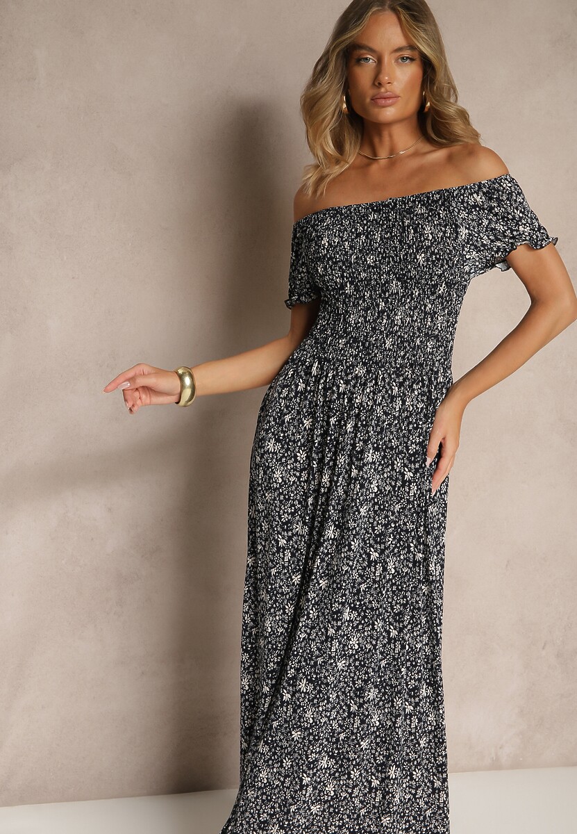 Granatowa Kwiatowa Sukienka z Bufiastymi Rękawami Lumorelle