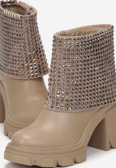 Ciemnobeżowe Botki z Wywiniętą Cholewką Ozdobioną Cyrkoniami na Platformie i Słupku Felirok