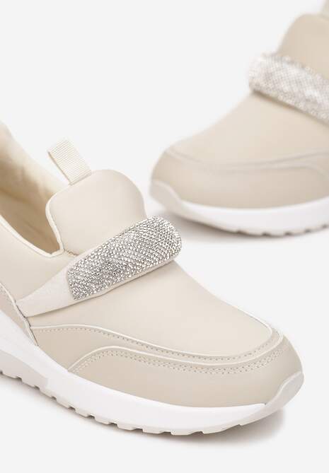 Beżowe Sneakersy no Koturnie z Metaliczną Wstawką Roselie