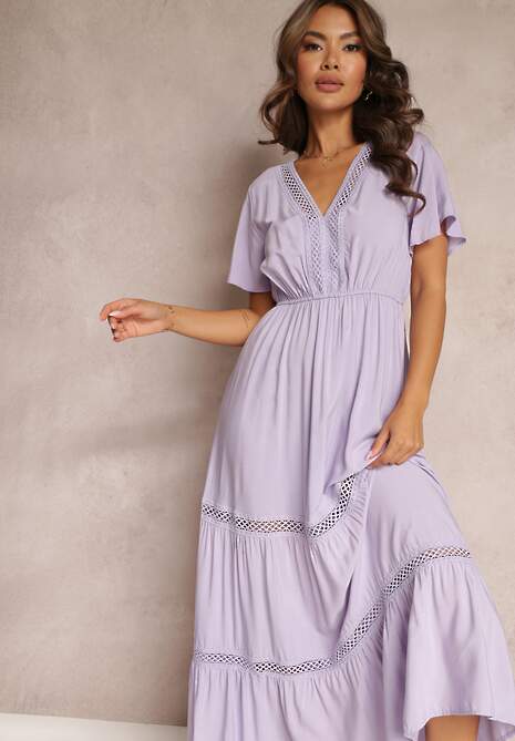 Fioletowa Rozkloszowana Sukienka Maxi z Gumką w Talii i Koronkowym Dekoltem Cheteia