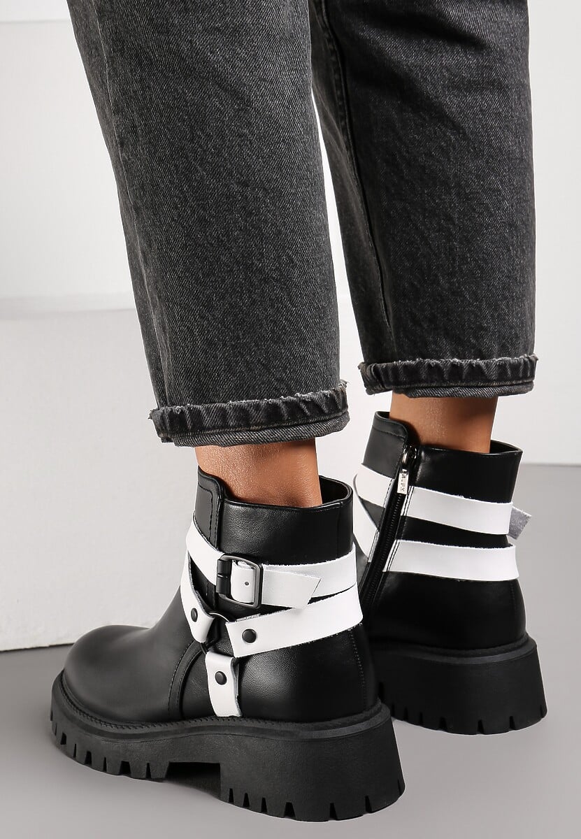 Czarno-Białe Botki na Grubej Podeszwie Arpita