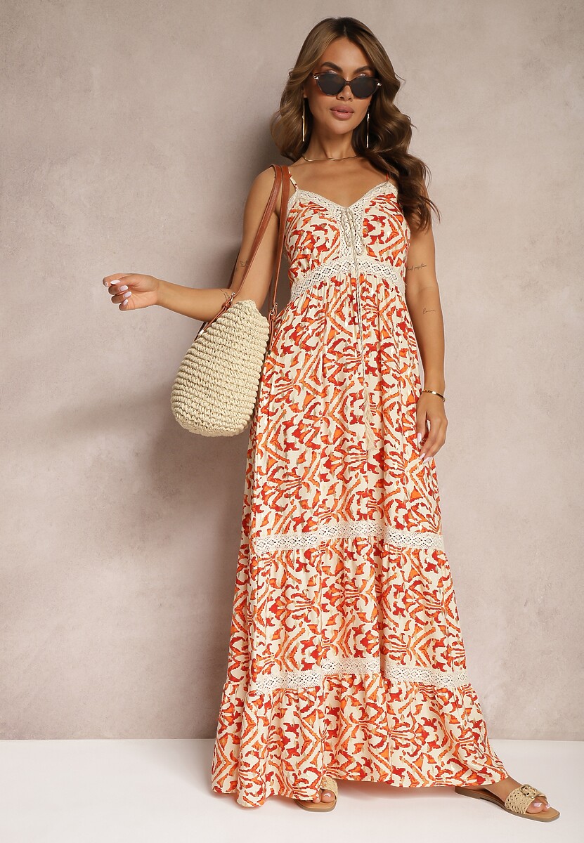 Beżowo-Czarna Sukienka z Bawełny na Ramiączkach z Gumką w Talii i Haftem Vikanda