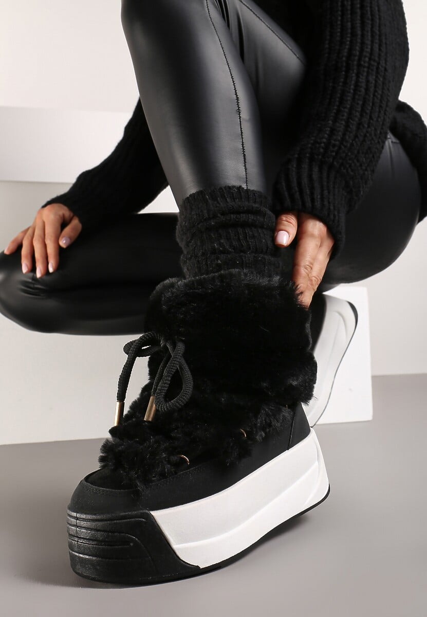 Czarne Futerkowe Śniegowce Wsuwane na Platformie z Imitacją Sznurówek Linettia