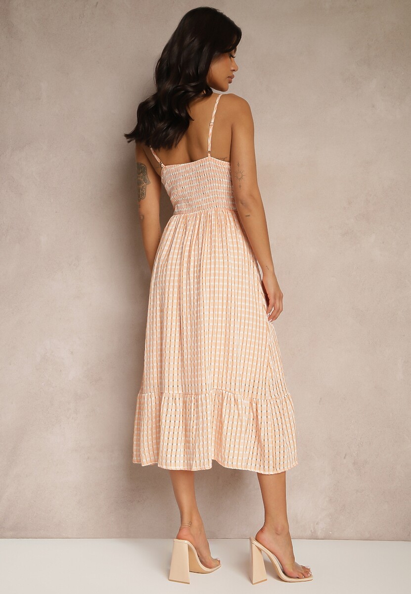 Pomarańczowa Rozkloszowana Sukienka z Wiskozą na Cienkich Ramiączkach z Guzikami Efrisela