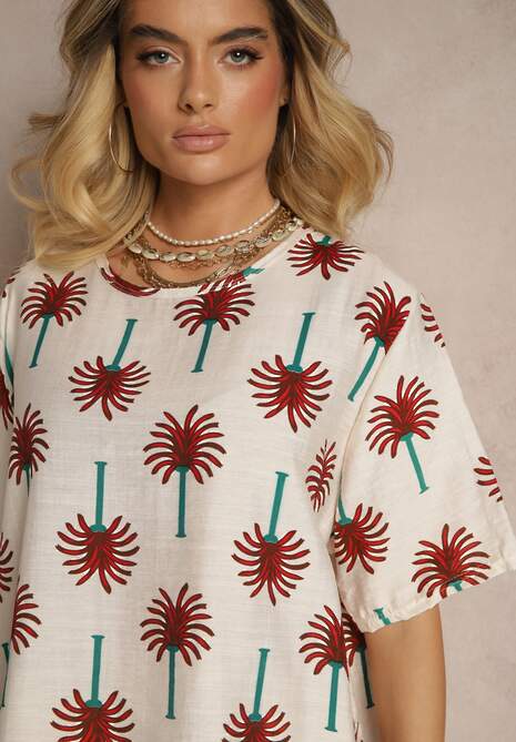 Bordowy Komplet z Wiskozy Zdobiony Printem w Palmy Szerokie Spodnie i T-shirt Zioleana