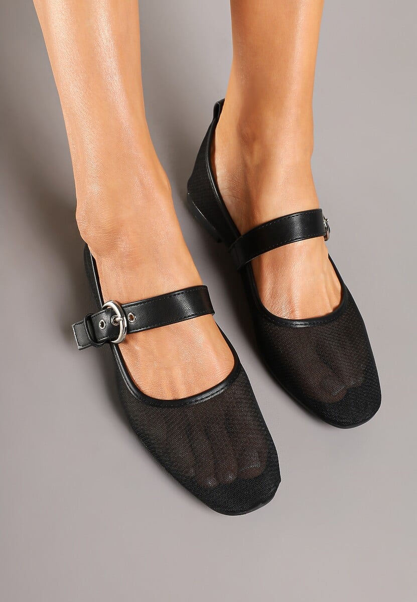 Czarne Siateczkowe Balerinki z Paskiem w Klamerką Korlexia