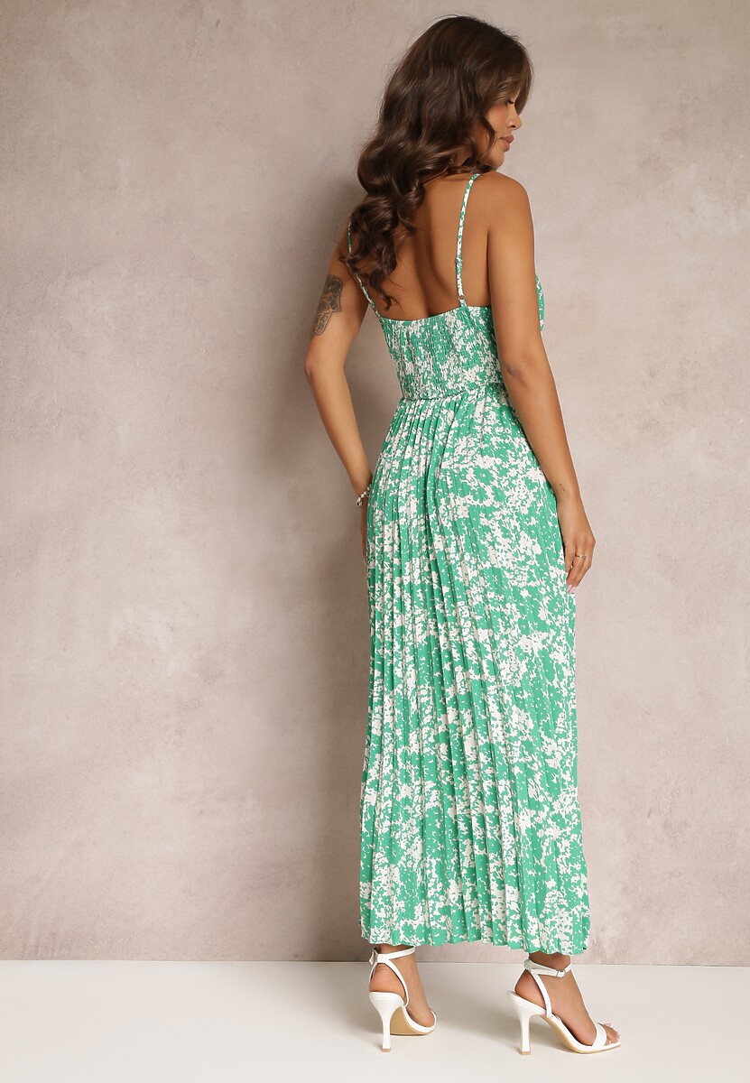 Zielona Rozkloszowana Sukienka Maxi z Plisowanym Dołem i Gumką w Talii Asali