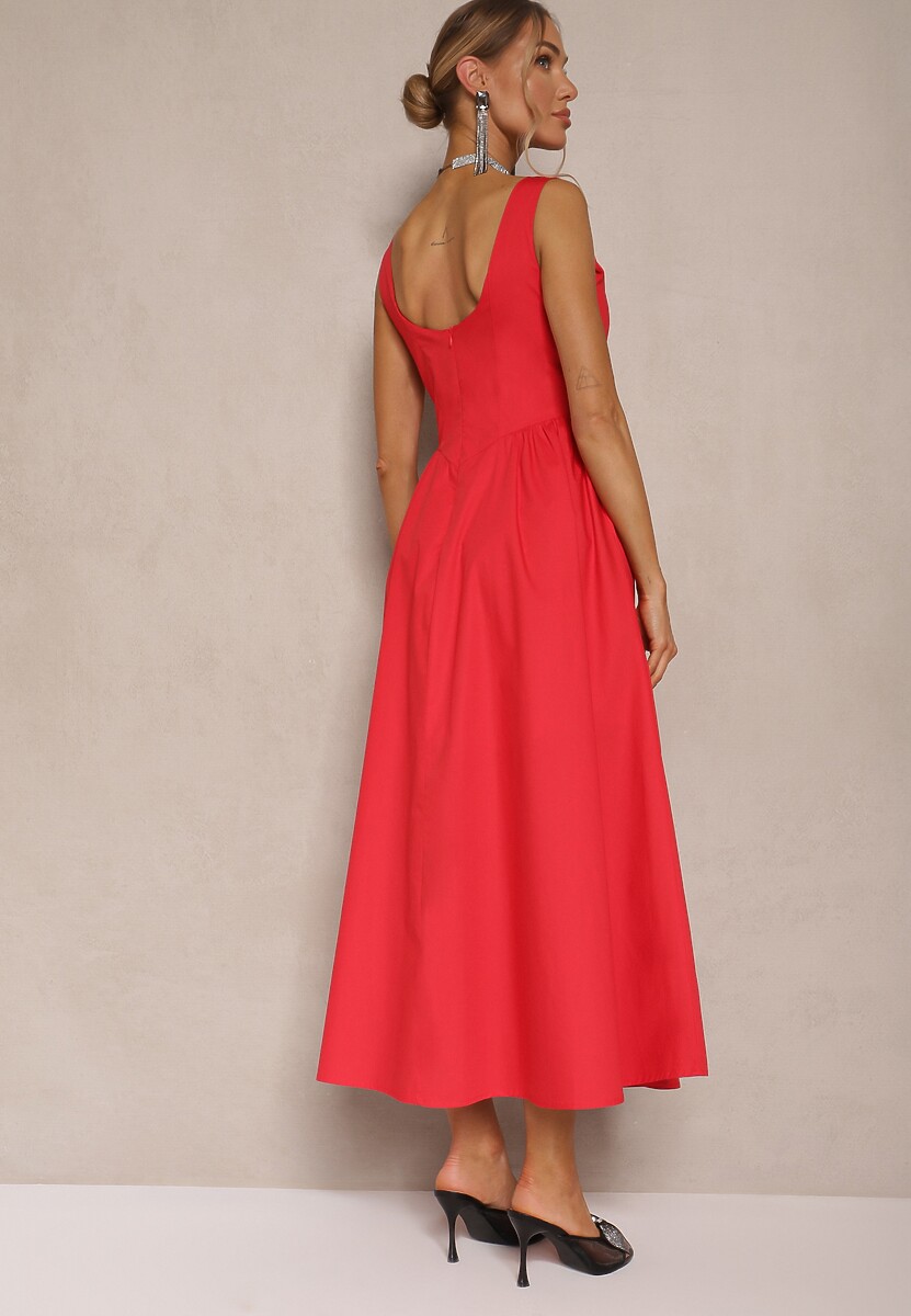 Czerwona Rozkloszowana Sukienka z Bawełny Haladrea