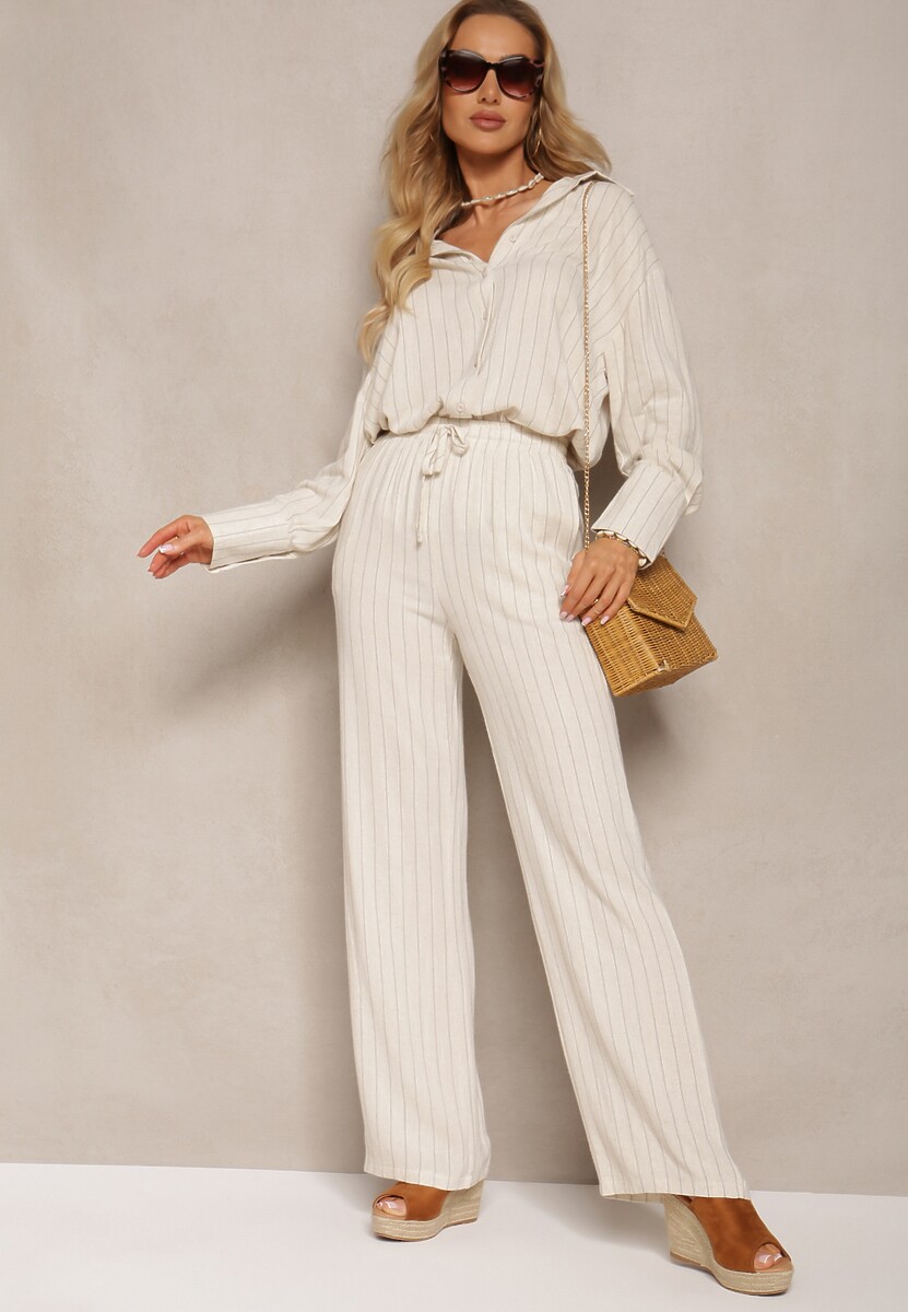 Jasnobeżowe Wiskozowe Spodnie z Lnem o Szerokich Nogawkach Raphilla