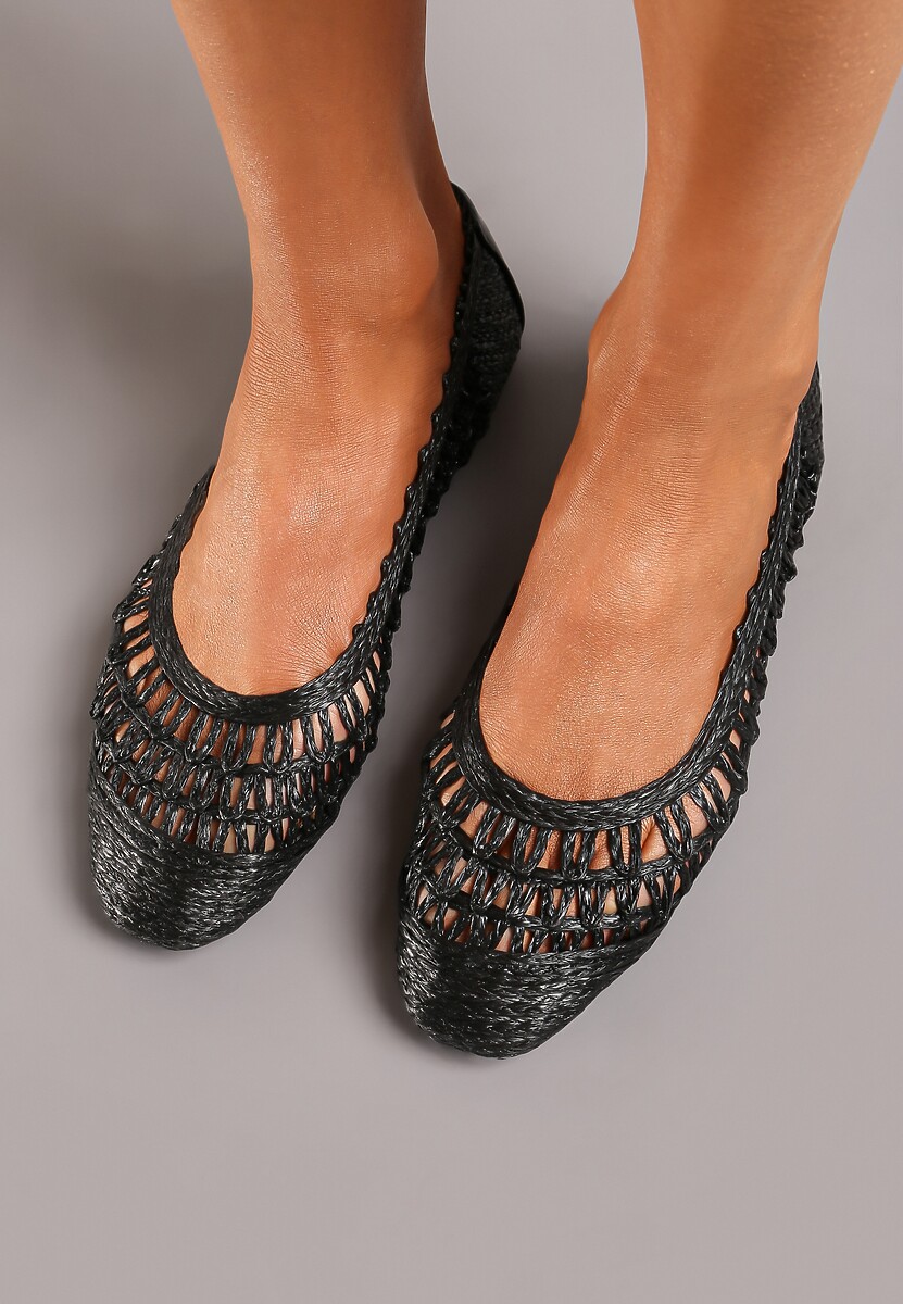 Czarne Płaskie Balerinki z Imitacji Skóry o Ażurowym Wykończeniu Yines