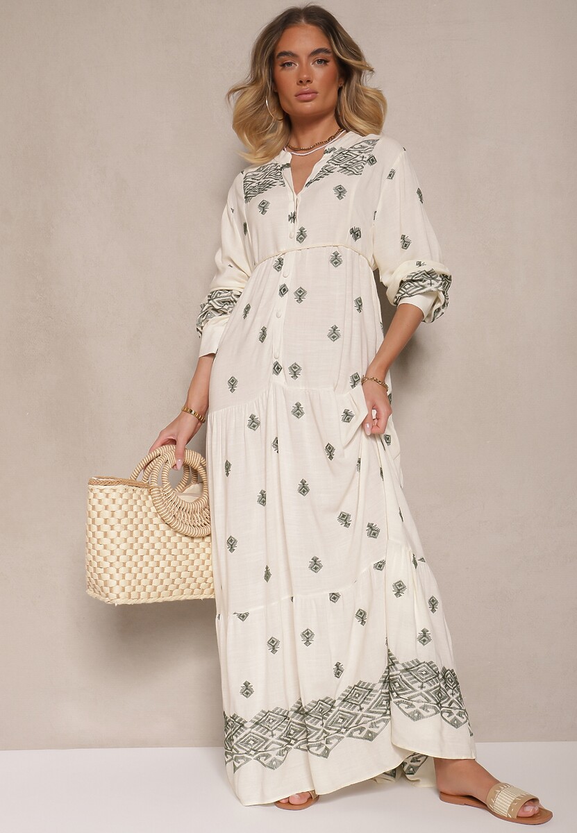 Biało-Zielona Rozkloszowana Sukienka Ozdobiona Haftem i Wzorem Boho Ronavere