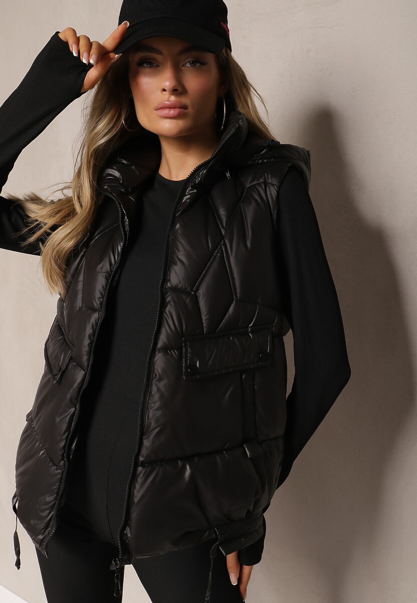 Beżowa Pikowana Kamizelka z Troczkami i Odpinanym Kapturem Arrelarra