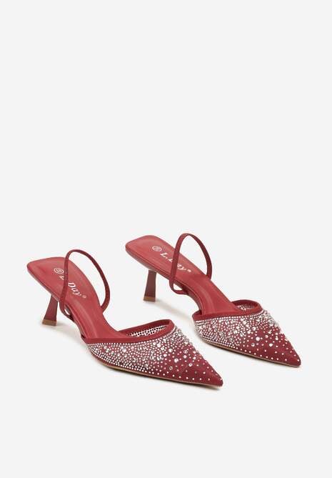 Bordowo-Czerwone Eleganckie Sandały na Obcasie Kaczuszka Bez Pięty z Cyrkoniami Elimira