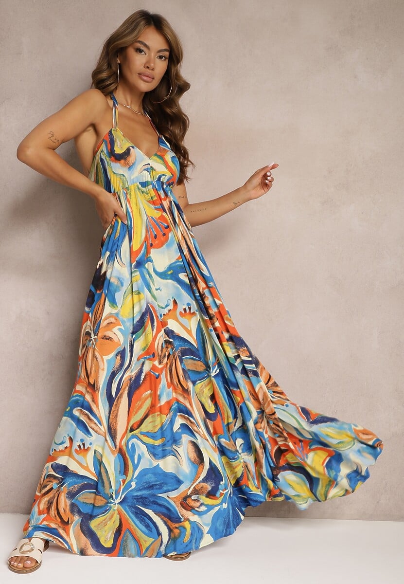 Niebiesko-Żółta Wiskozowa Sukienka Wiązana na Plecach i Szyi z Odcięciem pod Biustem Peridia