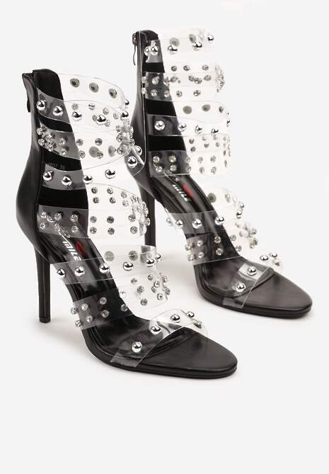 Czarne Sandały na Szpilce z Transparentnymi Paskami i Cyrkoniami Davioris