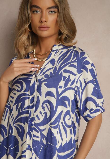 Niebieska Rozkloszowana Sukienka z Wiskozy Ozdobiona Falbaną Filesenia