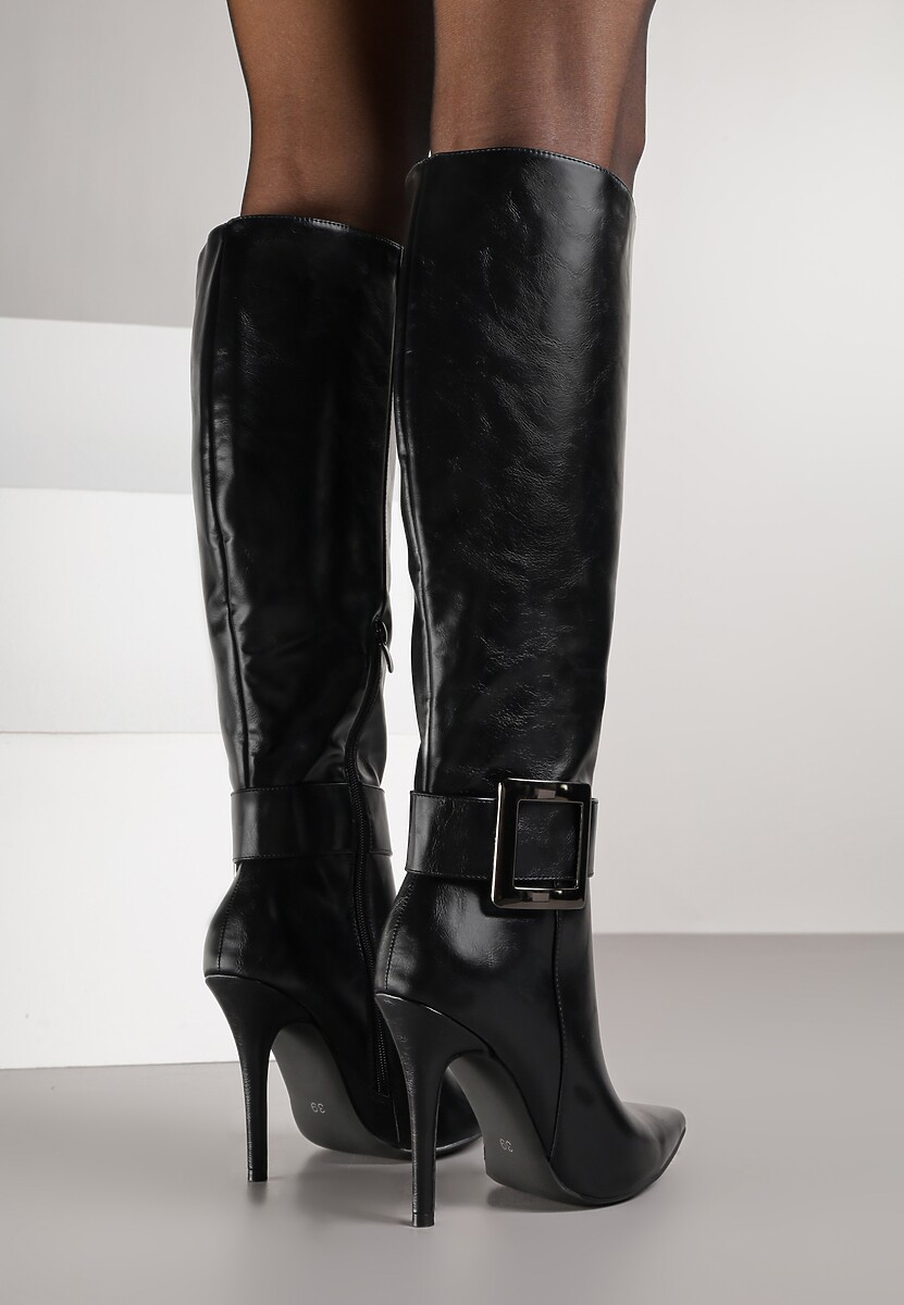 Czarne Kozaki na Szpilce z Metaliczną Klamrą Evelinna