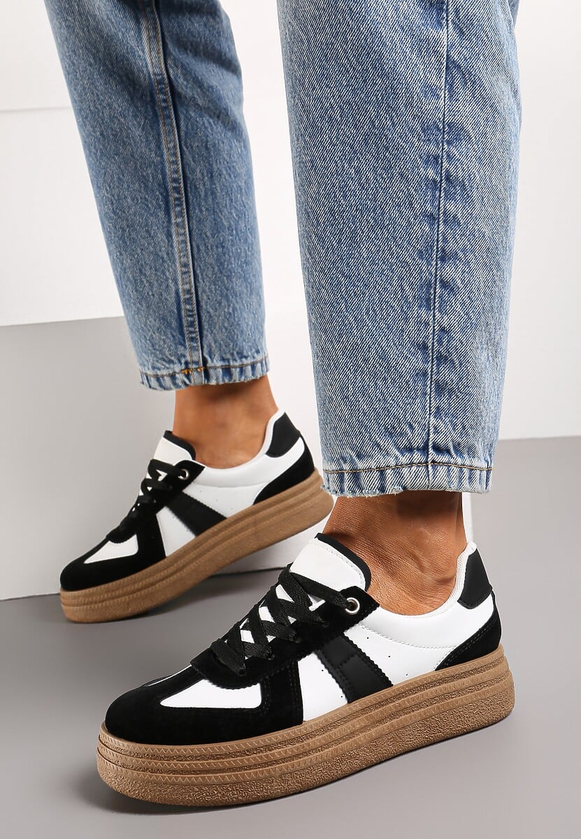 Czarno-Białe Sneakersy na Grubej Podeszwie z Ozdobnymi Przeszyciami Ysdole