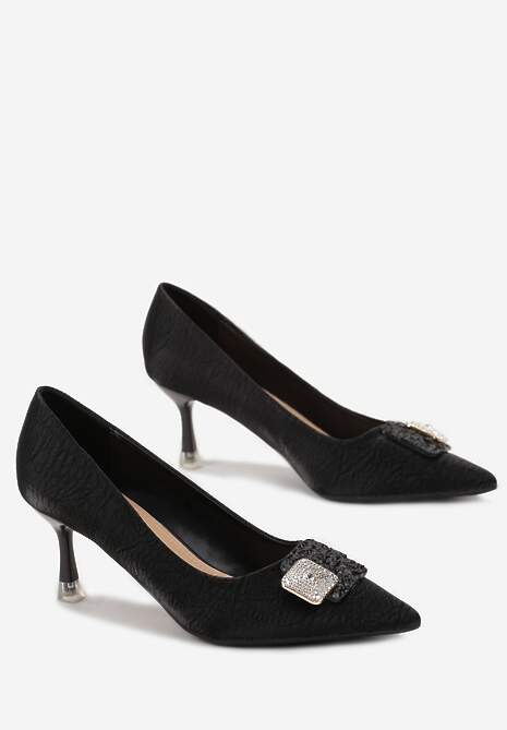 Czarne Czółenka z Ekoskóry ze Zwierzęcym Motywem Ozdobione Klamrą z Cyrkoniami Coifa