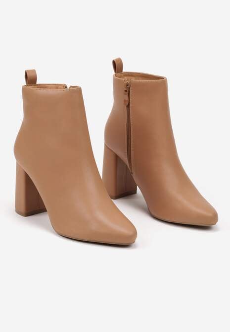 Ciemnobeżowe Klasyczne Botki na Słupkowym Obcasie ze Szpiczastym Noskiem Norema