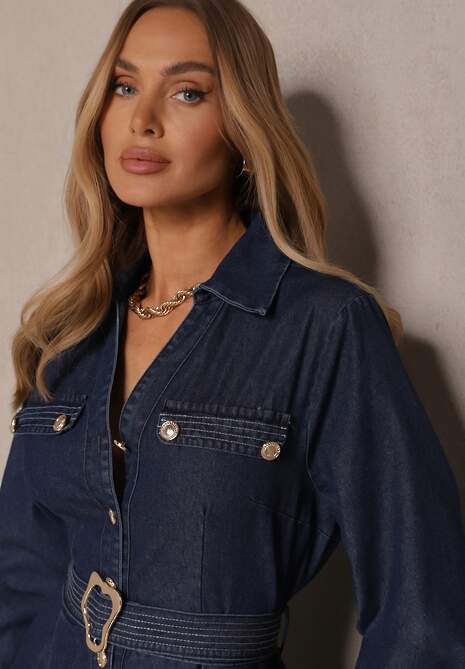 Granatowa Wiskozowa Sukienka Koszulowa z Bawełną Ozdobiona Paskiem Halanoria