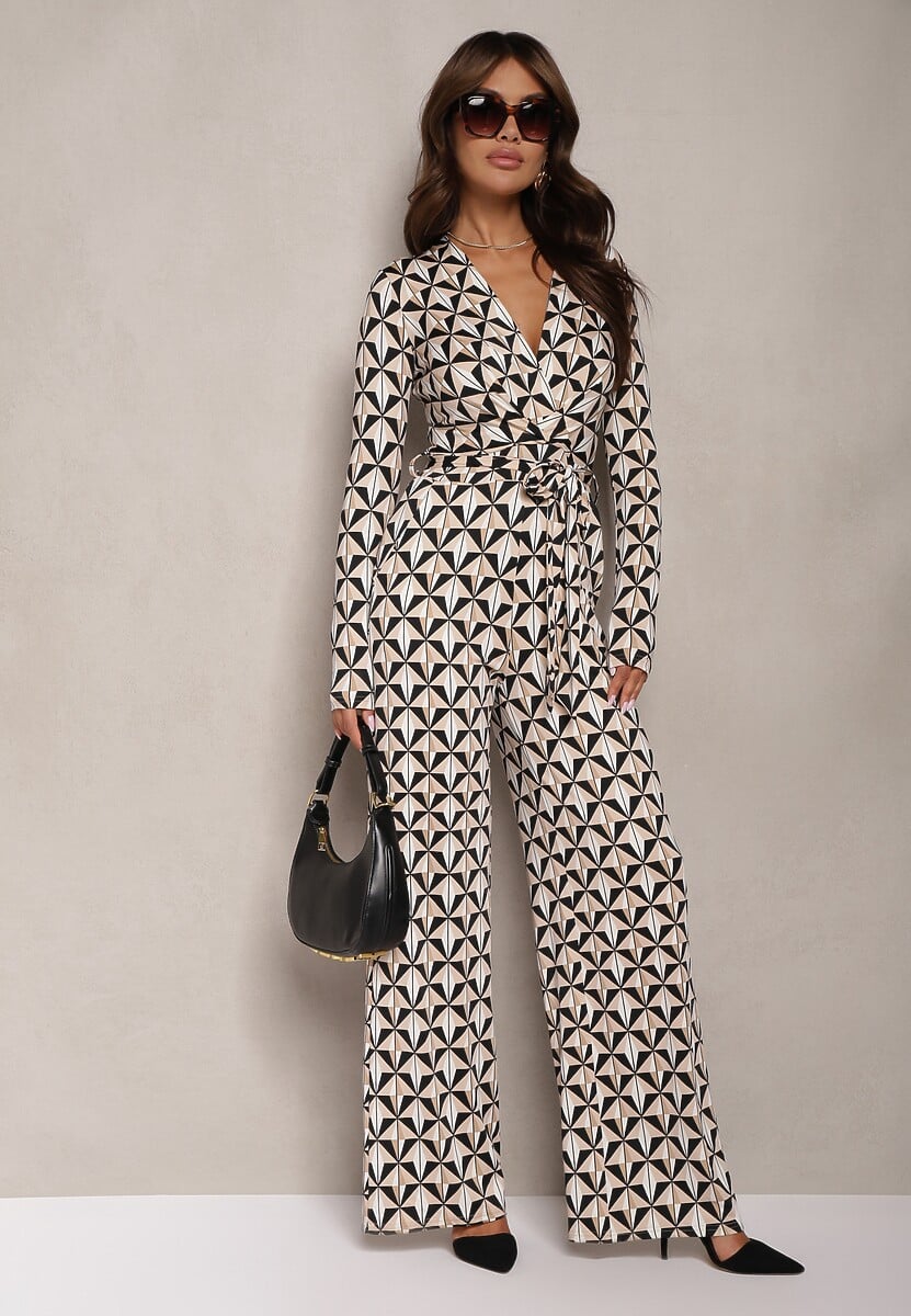 Beżowo-Czarny Kombinezon o Taliowanym Fasonie z Materiałowym Paskiem i Geometrycznym Printem Fenoria