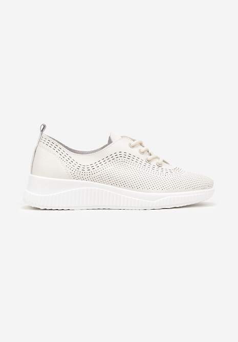 Beżowe Sneakersy ze Skóry Naturalnej ze Skórzaną Wkładką i Perforacją Alothis