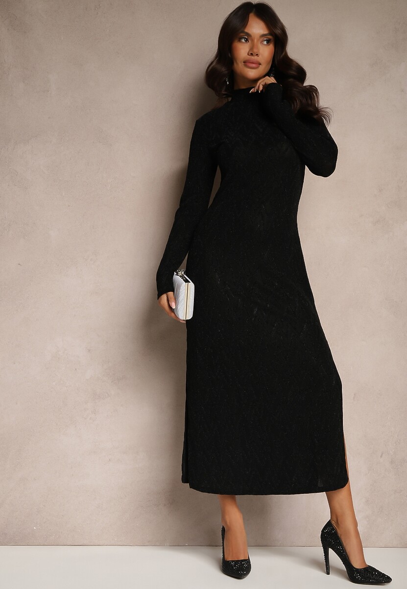 Czarna Koktajlowa Sukienka z Wiskozą o Dopasowanym Kroju z Wycięciami po Bokach Iliena