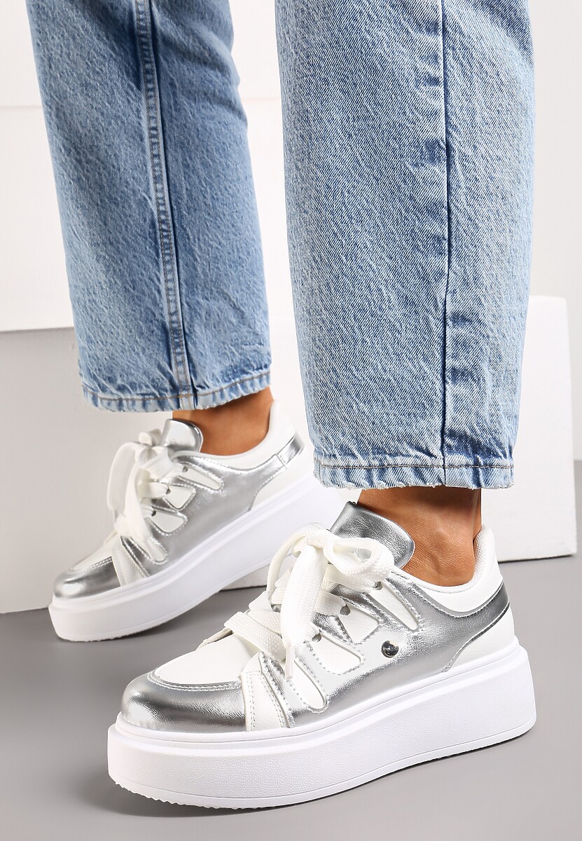 Biało-Srebrne Sneakersy na Grubej Podeszwie przed Kostkę Alisis