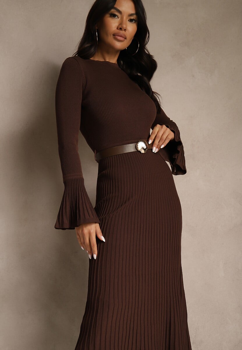 Brązowa Sweterkowa Sukienka Longsleeve z Wiskozą z Paskiem z Klamerką Muszelką Retine