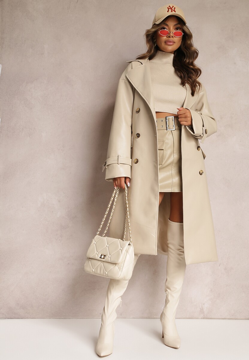 Czarny Dwurzędowy Płaszcz z Imitacji Skóry z Paskiem Dyrine