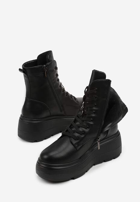 Czarne Botki Workery na Platformie ze Skóry Naturalnej Vernica