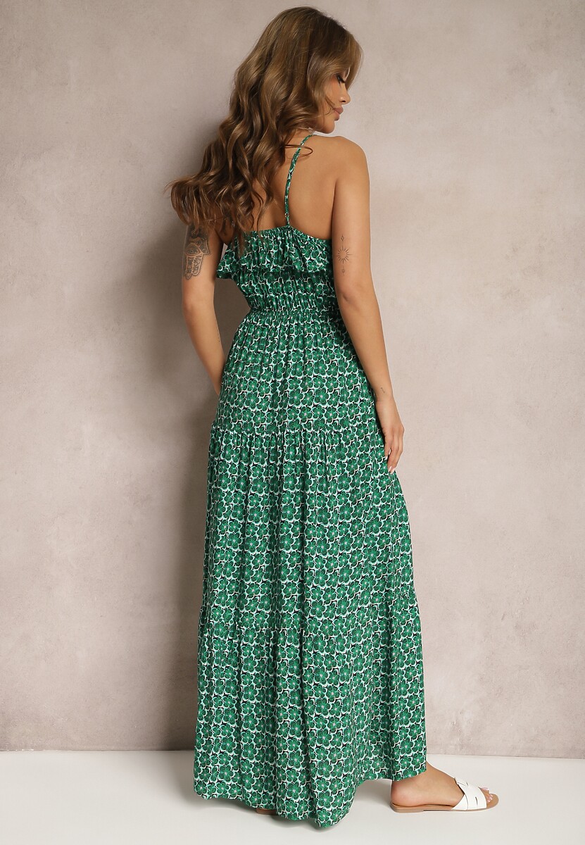 Zielona Rozkloszowana Sukienka z Wiskozy na Regulowanych Ramiączkach Wrinesa