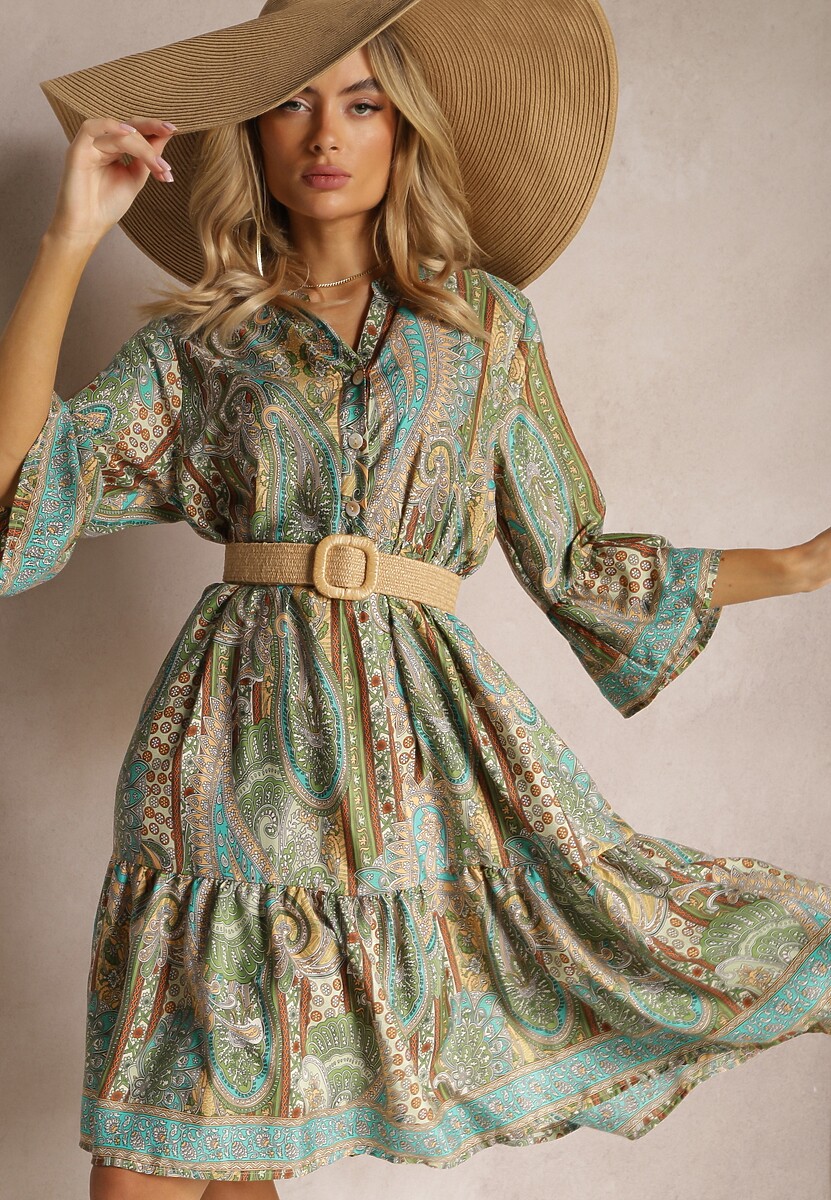 Pomarańczowa Sukienka Rozkloszowana z Falbankami we Wzór Paisley Acerolla