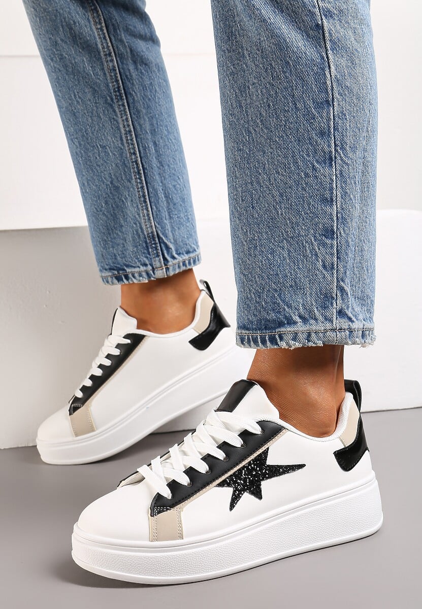 Biało-Czarne Sneakersy na Platformie Ozdobione Gwiazdką z Brokatem Nislemia