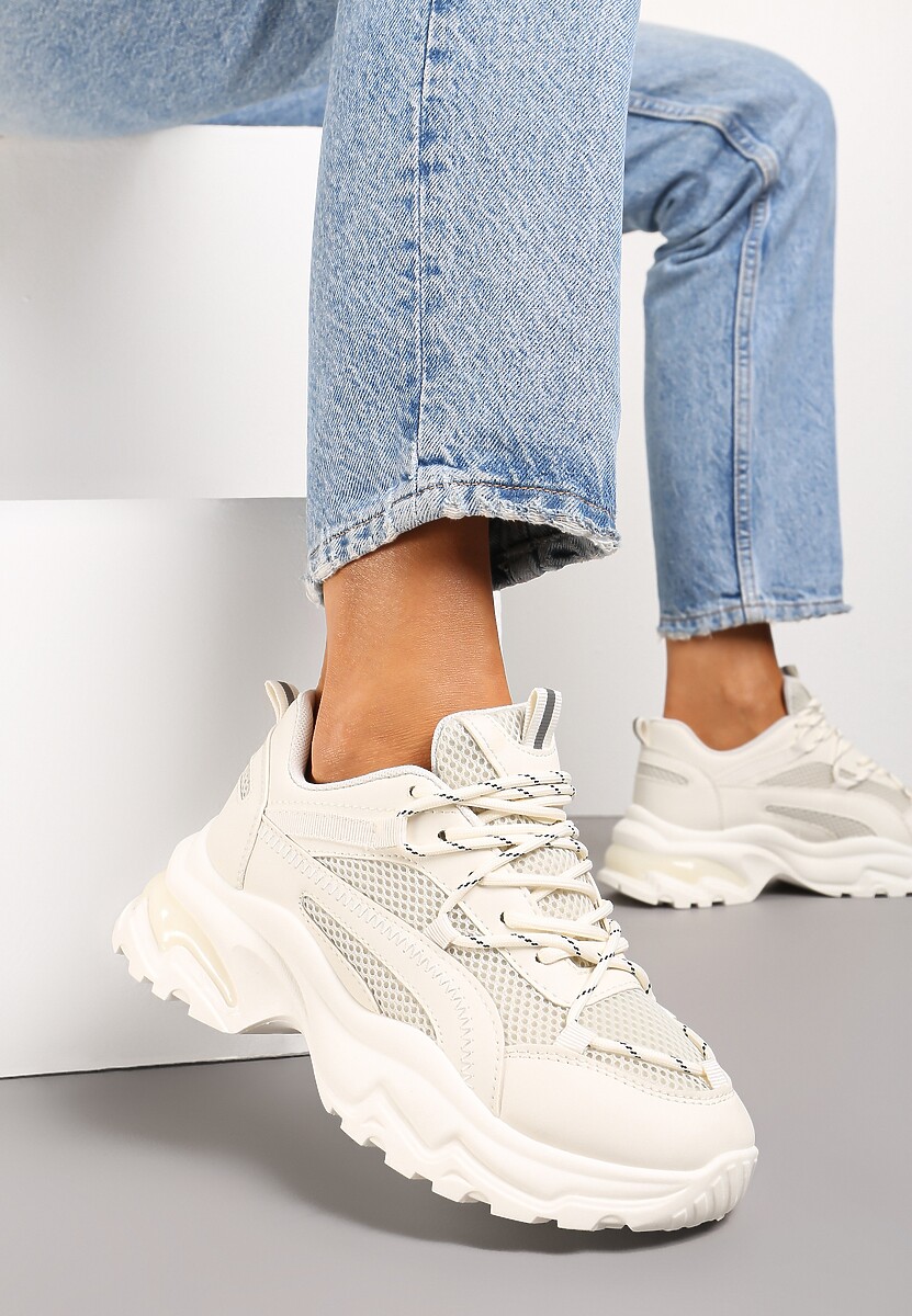 Beżowe Sneakersy na Grubej Nieregularnej Podeszwie z Odblaskowymi Wstawkami Ollavia