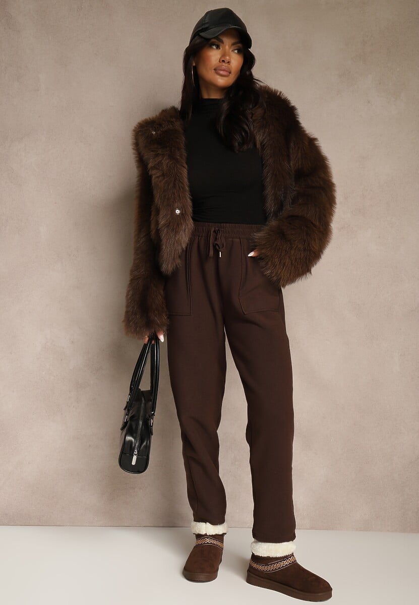 Brązowe Ocieplane Spodnie z Gumką w Pasie Prokana