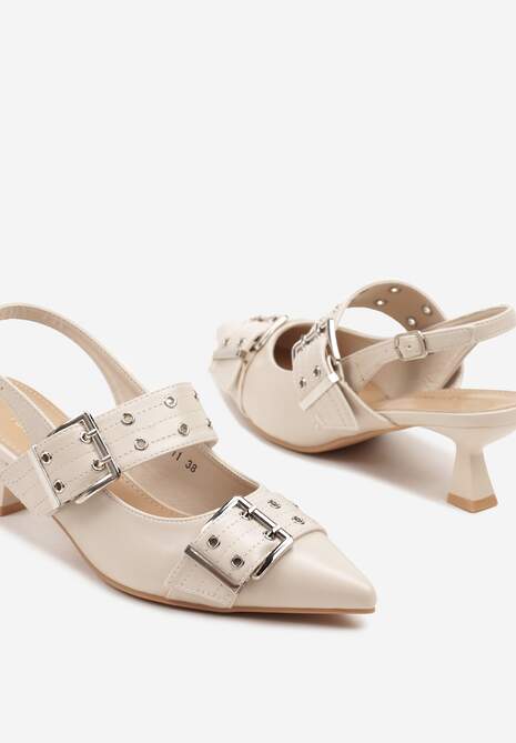 Beżowe Sandały Slingback na Kaczuszce Zdobione Nitami i Klamrami Leaelia