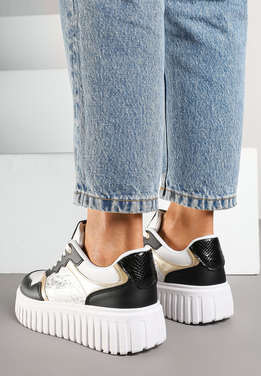 Biało-Czarne Sneakersy na Platformie z Tłoczeniem Ozdobione Panterką i Perforacją Udivaya